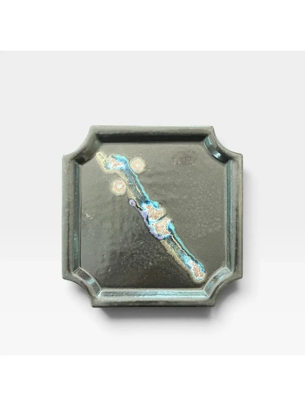 Kathleen LeSueur Studio Art Pottery Tray, Square Scallop Dish, Black & Blue Glaz
